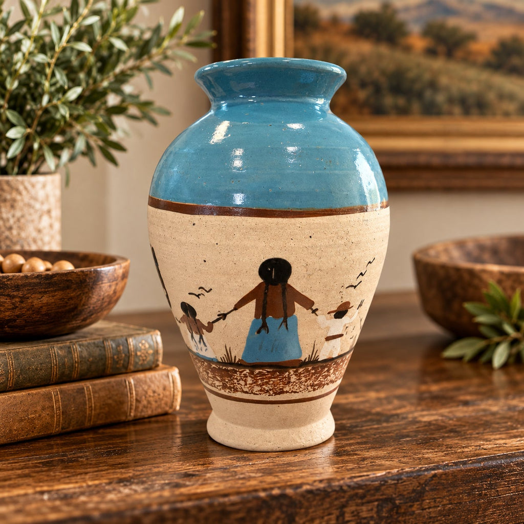 Vintage Mexican Pottery Vase Hand Painted Desert Scene Turquoise 9.5 Inch