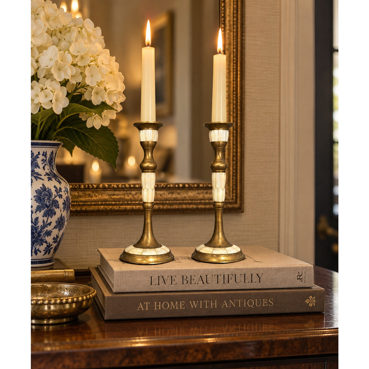 Vintage Brass Mother of Pearl Candlesticks Pair India 6.25 Inch – main view