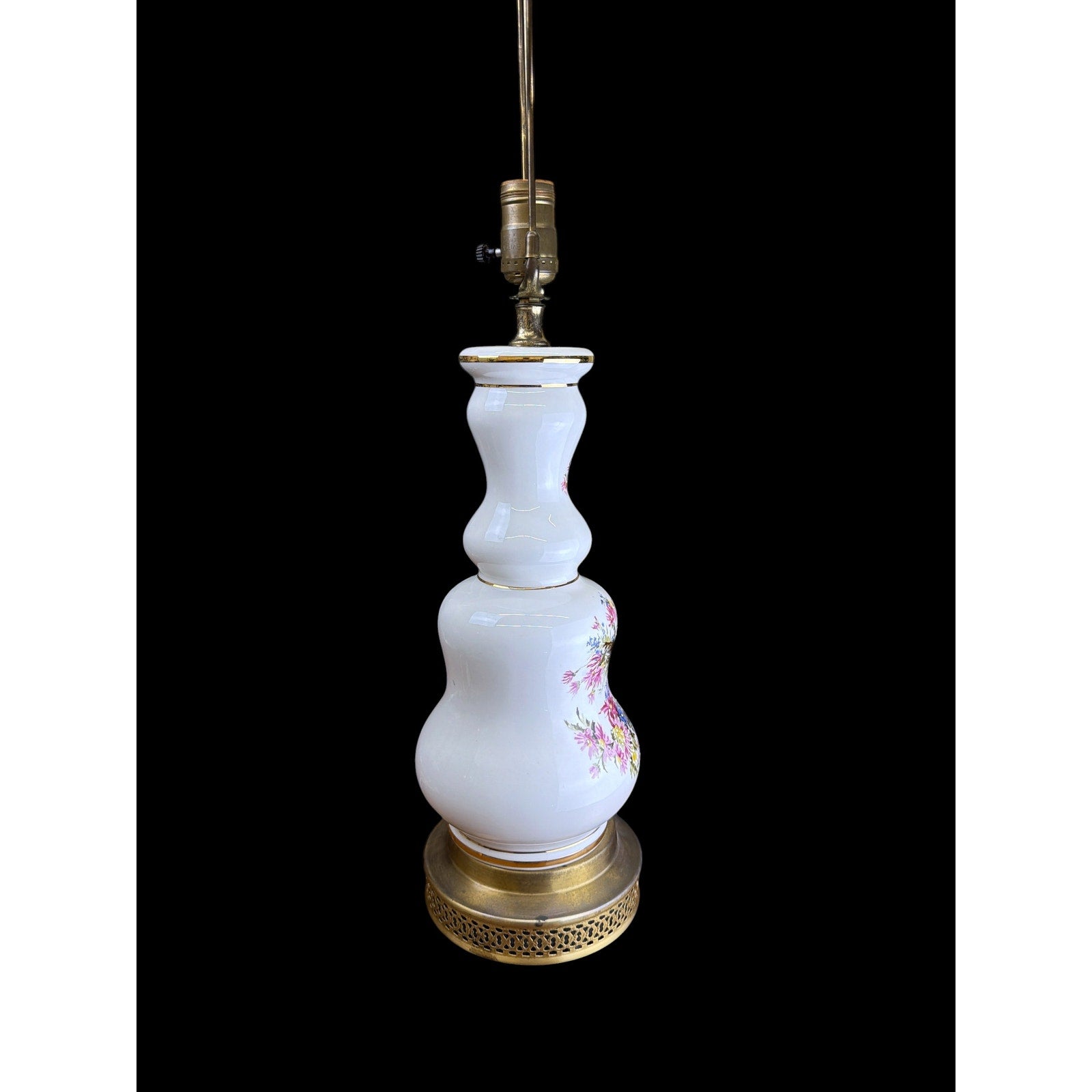 Vintage Floral Milk Glass Table Lamp Brass Base Cottage Bedroom Lighting