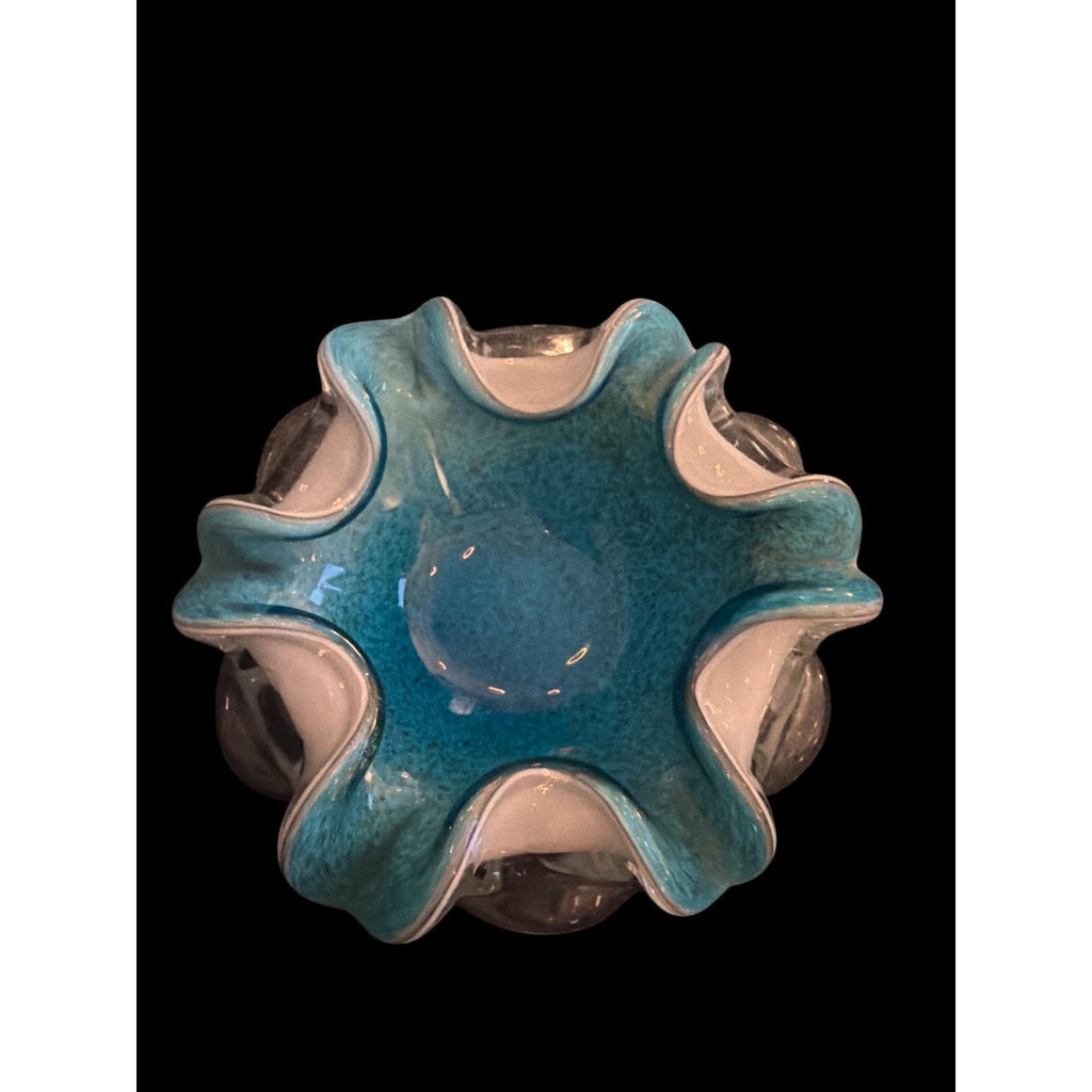 Vintage Hand Blown Art Glass Ruffled Bowl Teal White Freeform Centerpiece