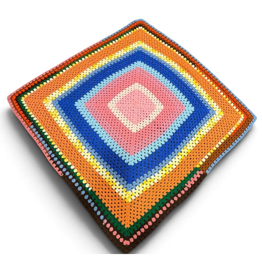 Vintage 1970s Crochet Afghan Handmade Retro Granny Square Lap Blanket 39"