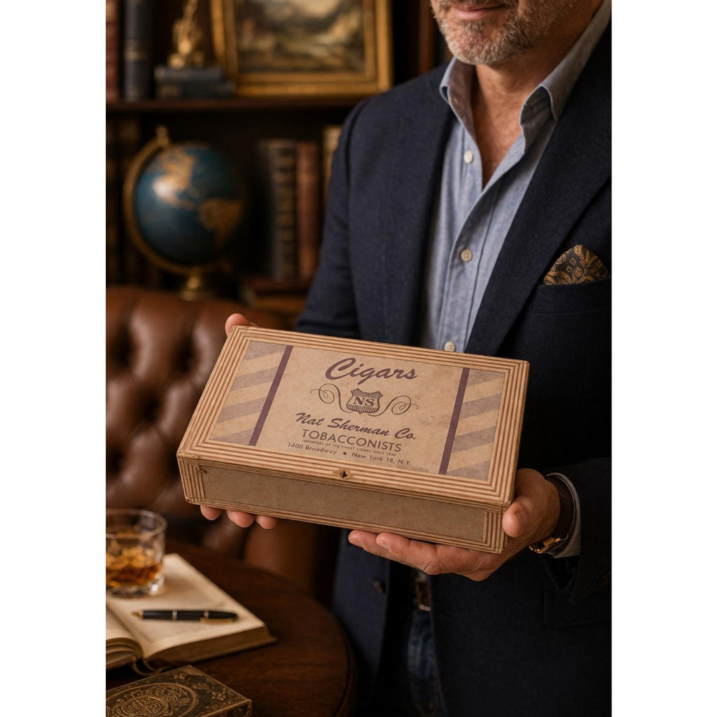 Vintage Nat Sherman Cigar Box Wood Churchill Double Claro Tobacciana