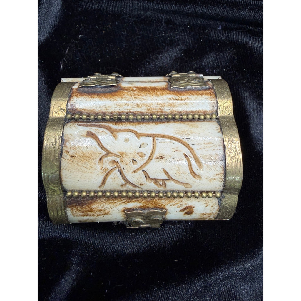 Vintage Carved Bone Brass Trinket Box Purple Velvet Lined Jewelry Box