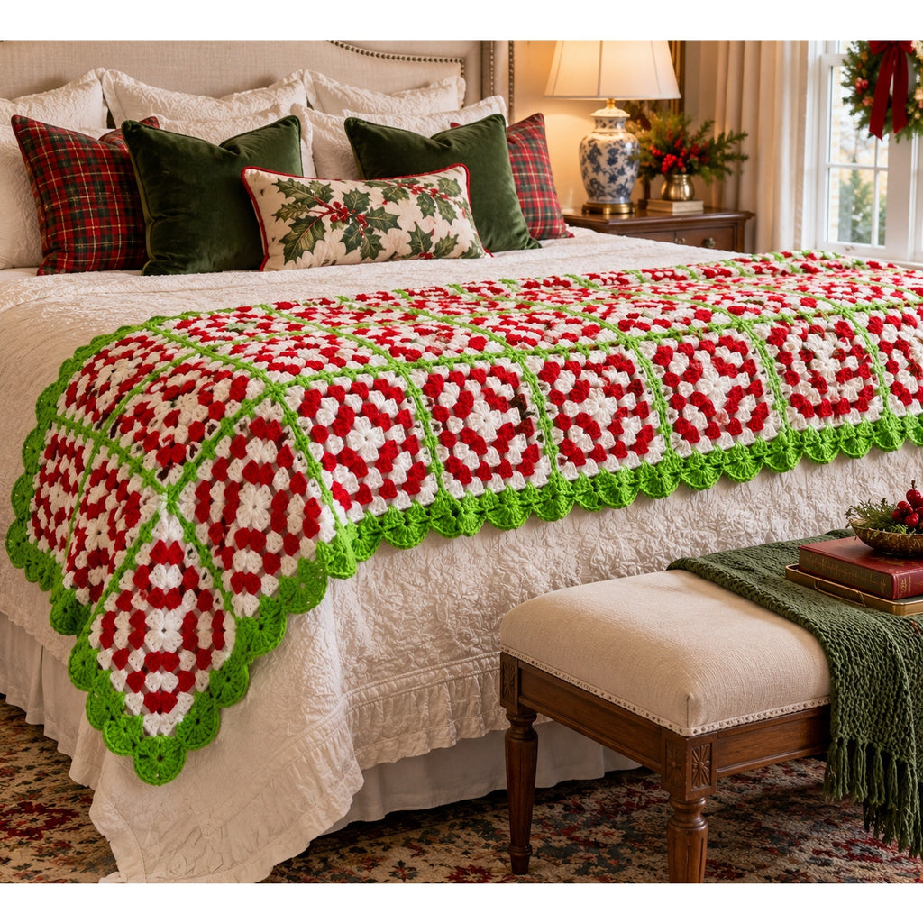 Christmas Crochet Afghan Red White Lime Green Granny Square Bed Throw 74 x 40