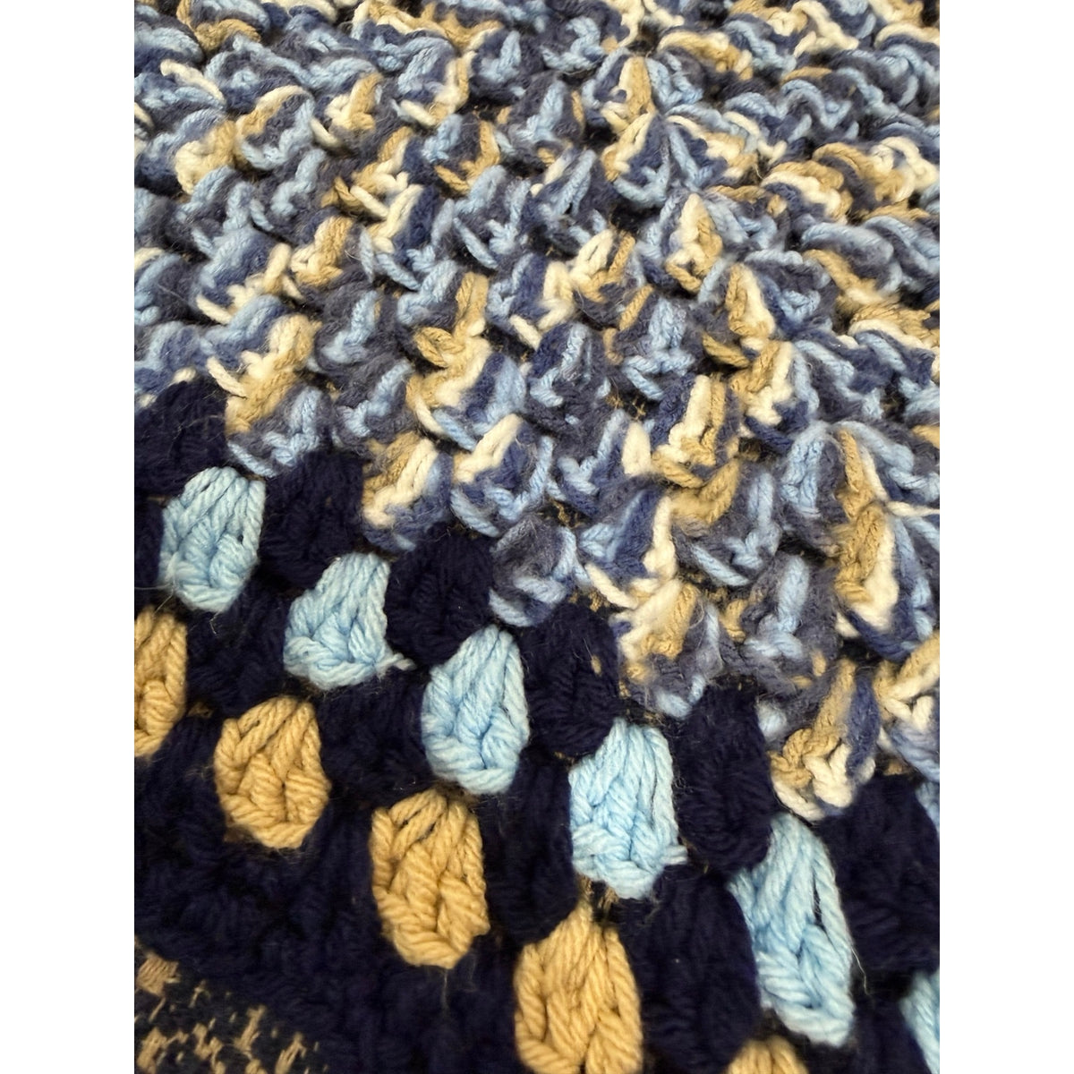 Handmade Crochet Patchwork Afghan Blanket Navy Blue Tan 45 x 45