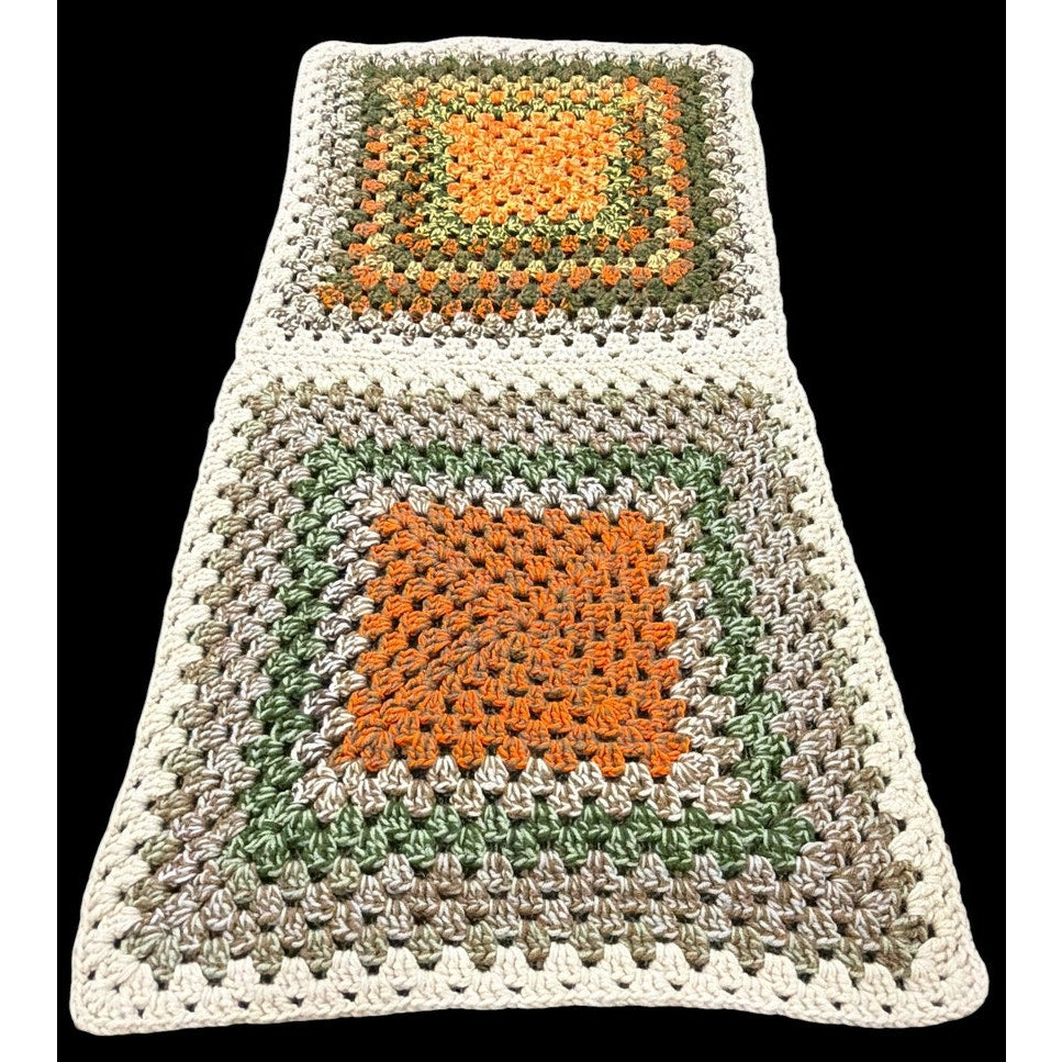 Vintage Crochet Decorative Afghan Orange Green Fall Cabinet Drape 50 x 24