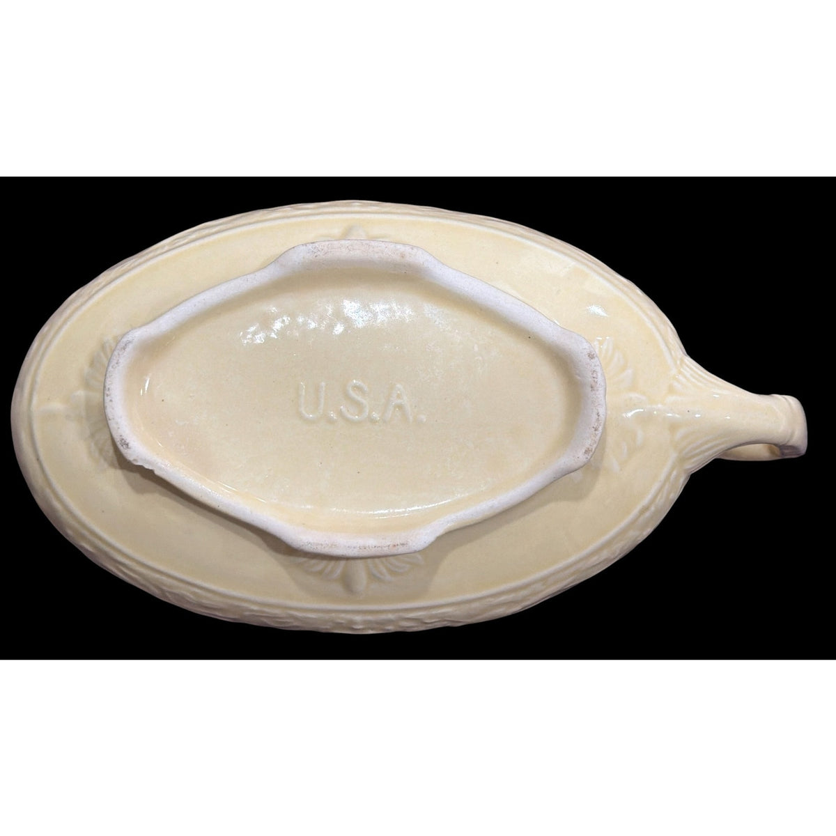 Vintage Yellow USA Pottery Gravy Boat Embossed Ceramic Sauce Pitcher 8 Inch – additional view 4