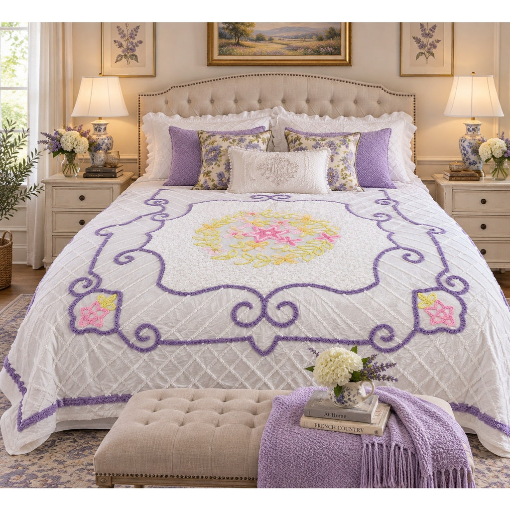 Vintage Chenille Bedspread King 108 x 122 Floral Lavender Pink Yellow – main view