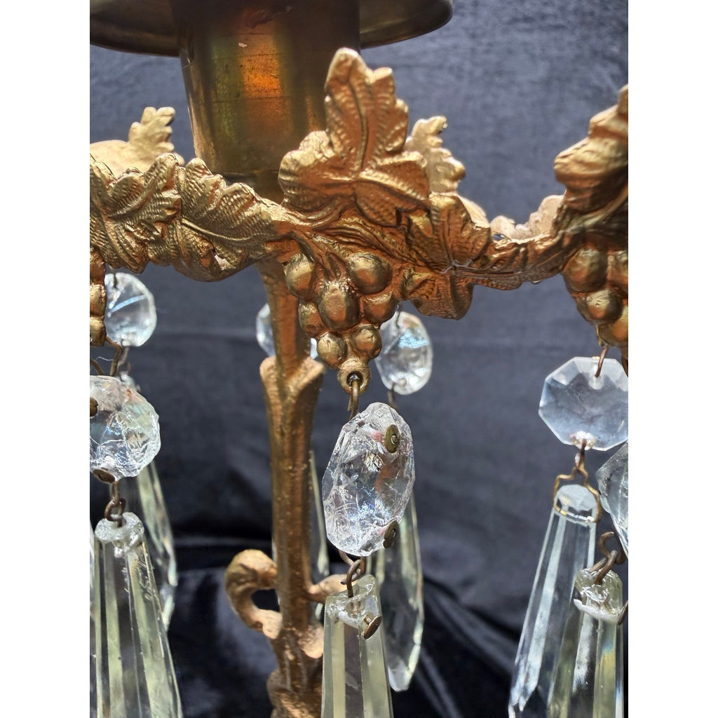 Antique Victorian Figural Girandole Candlesticks Pair Marble Crystal Prisms