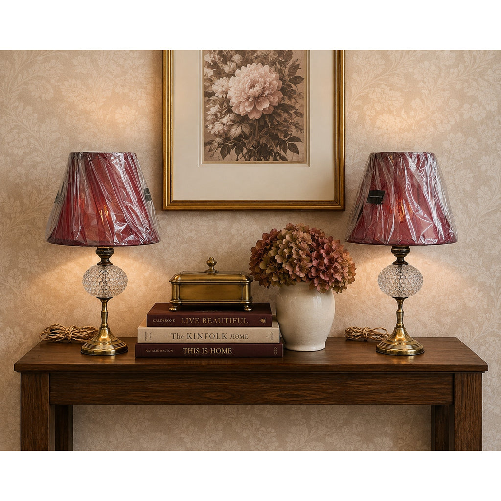 Pair Vintage Brass Bubble Glass Boudoir Lamps Rewired New Burgundy Shades – main view