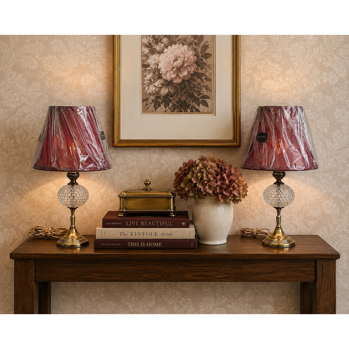 Pair Vintage Brass Bubble Glass Boudoir Lamps Rewired New Burgundy Shades – main view
