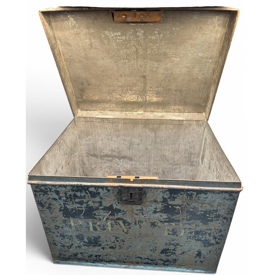 Antique Black Japanned Steel Deed Box Document Chest Industrial Storage
