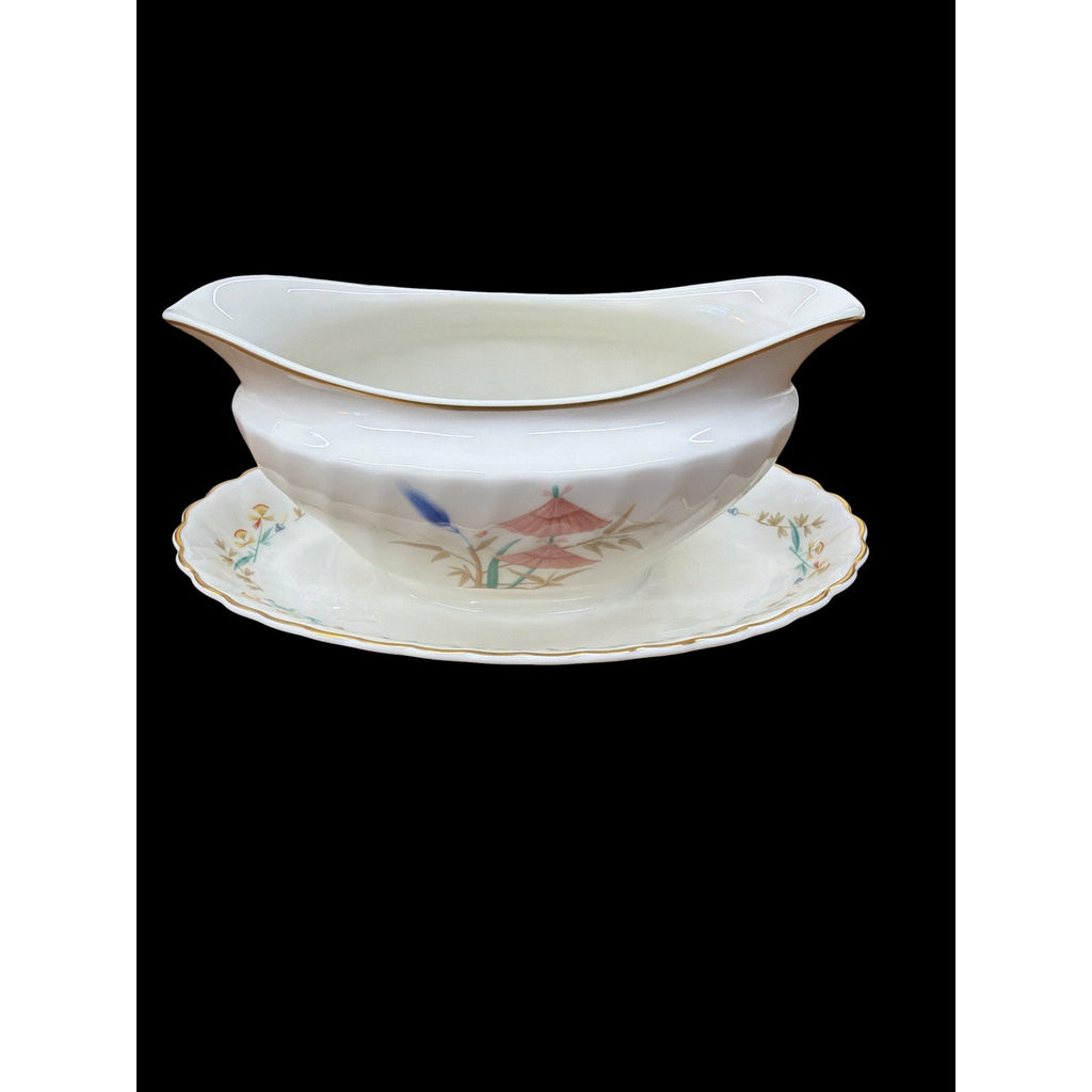 Syracuse Temple Bells Gravy Boat Vintage China Gold Trim Attached Underplate – additional view 2