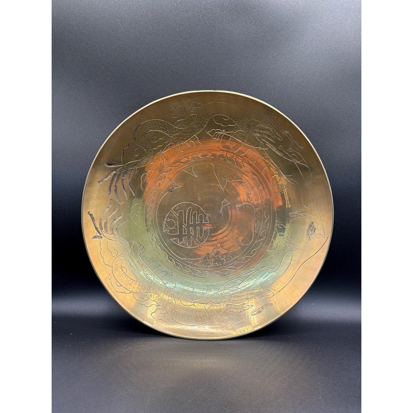 Vintage Brass Dragon Bowl 12 Asian Engraved Brass Charger Decor