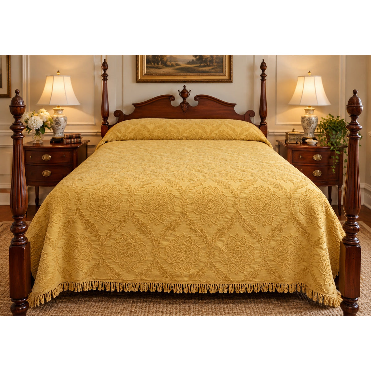 Vintage Morgan-Jones Mustard Yellow Chenille Bedspread Floral Fringe Full 92x108