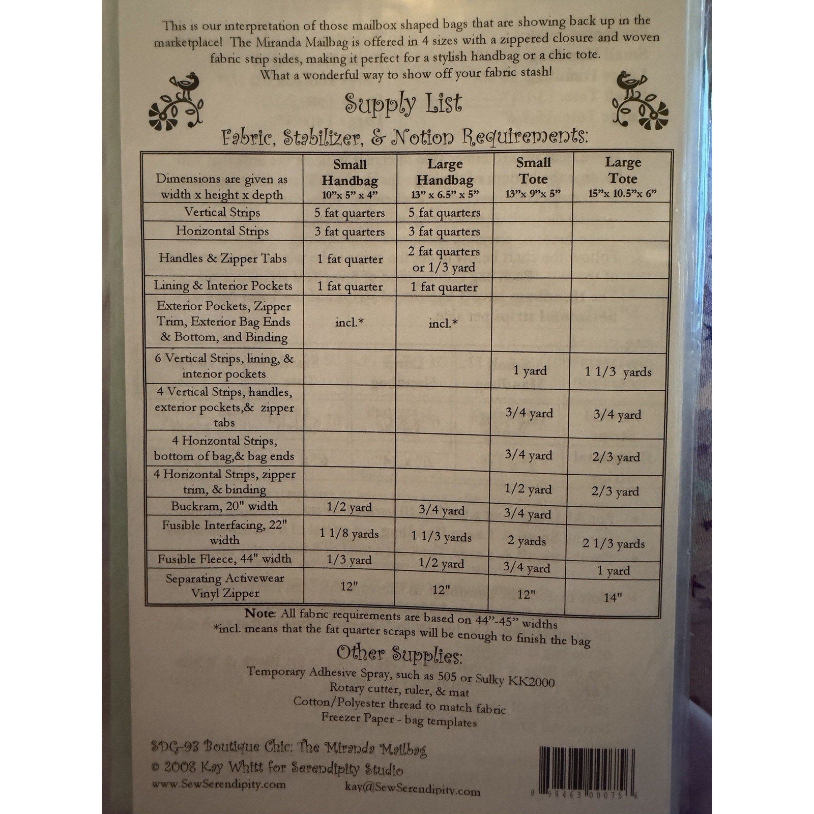 Miranda Mailbag Sewing Pattern Serendipity Studio 4 Sizes
