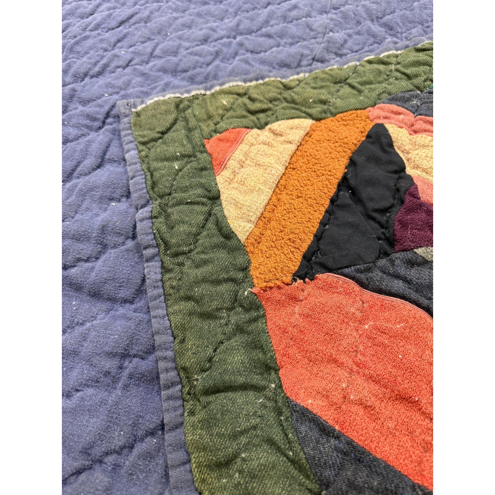 Antique Hand Pieced Wool Quilt: Primitive Folk Art Textile, Flannel Backing (77x64)