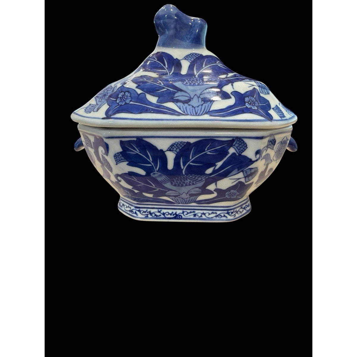 Vintage Blue White Porcelain Phoenix Bird Lidded Jar Octagonal 7 Inch