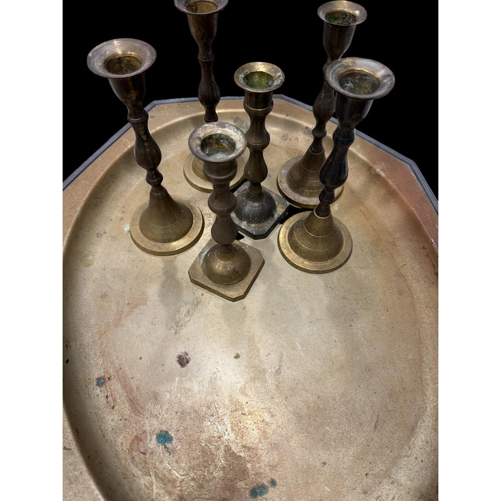 Monumental Antique Brass Tray with Six Candlesticks – Old World European Table Centerpiece