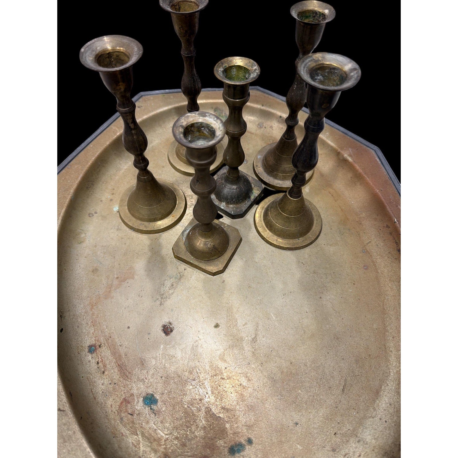 Monumental Antique Brass Tray with Six Candlesticks – Old World European Table Centerpiece