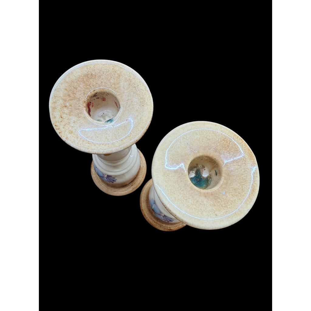 Vintage Floral Ceramic Candlestick Holders Pair 8 Inch with Blue Taper Candles