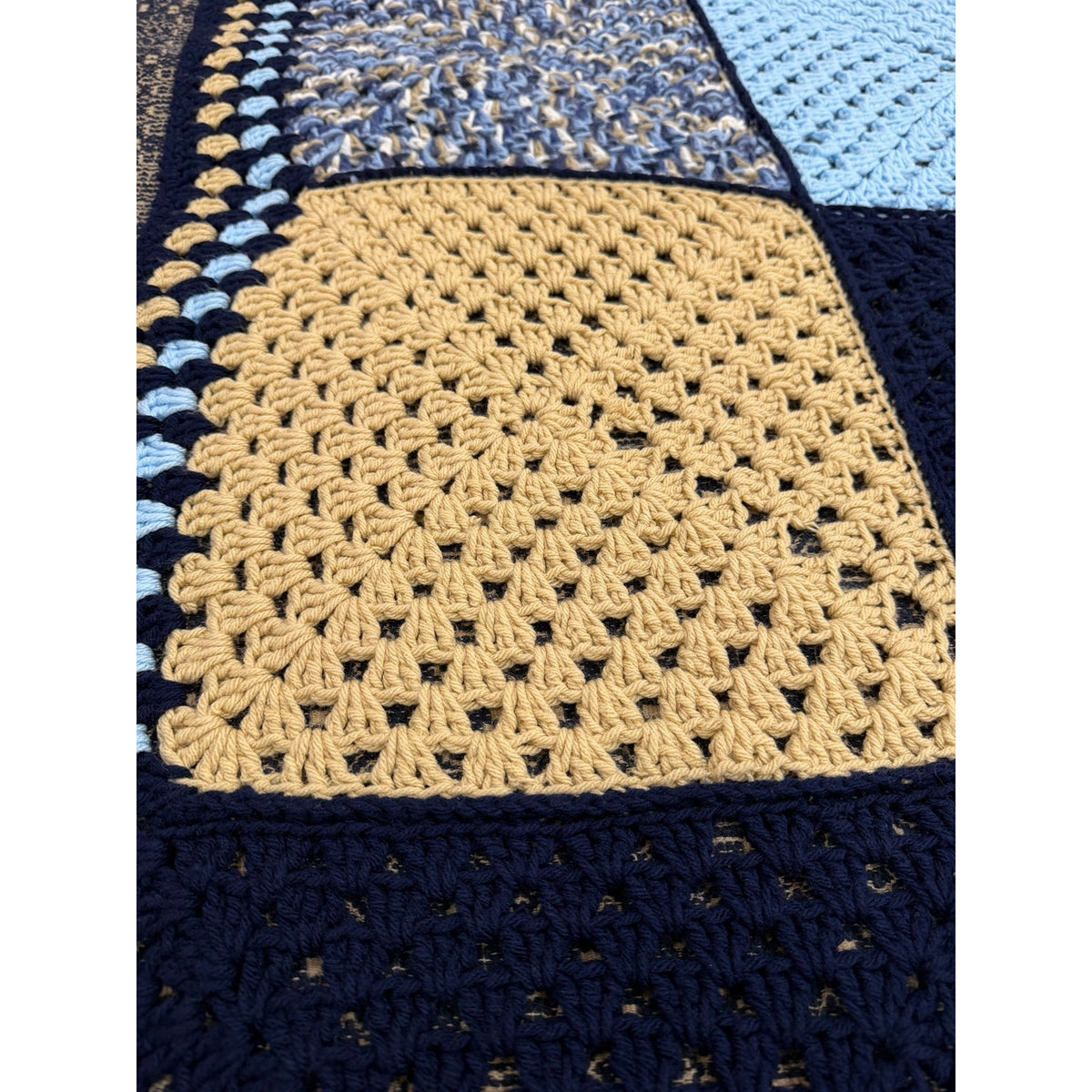 Handmade Crochet Patchwork Afghan Blanket Navy Blue Tan 45 x 45