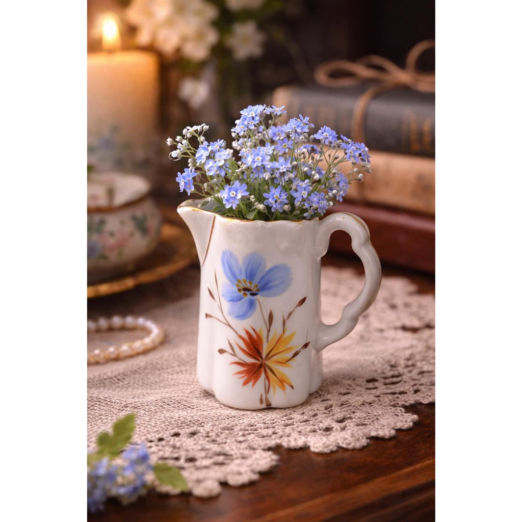 Vintage Mini Porcelain Creamer Bud Vase Blue Floral Gold Trim Tiny Vase