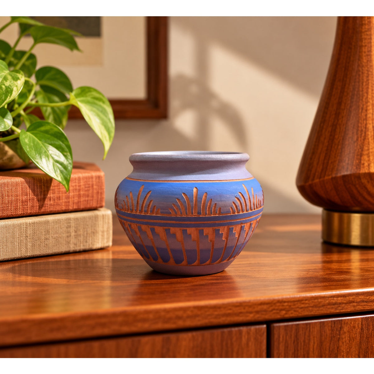 R. Largo Navajo Pottery Miniature Bowl Blue Terracotta Signed 3"