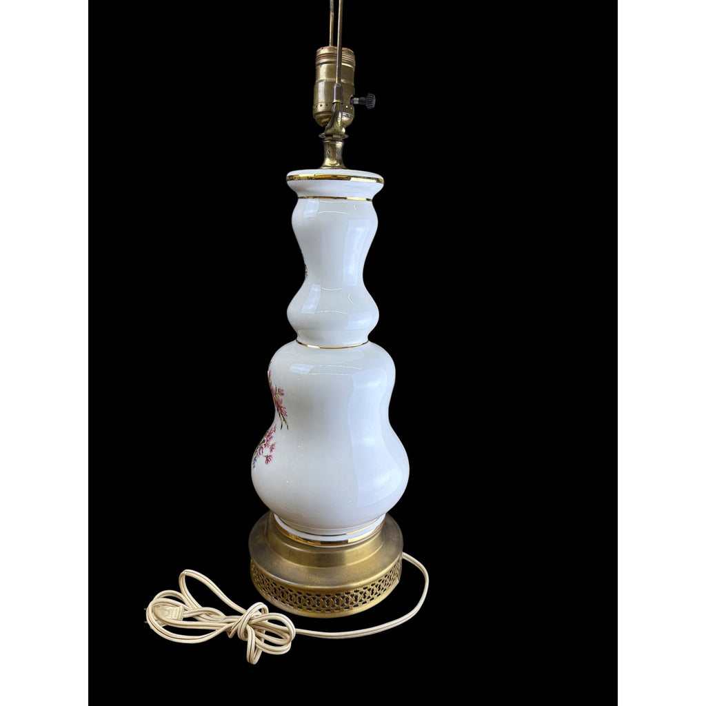 Vintage Floral Milk Glass Table Lamp Brass Base Cottage Bedroom Lighting