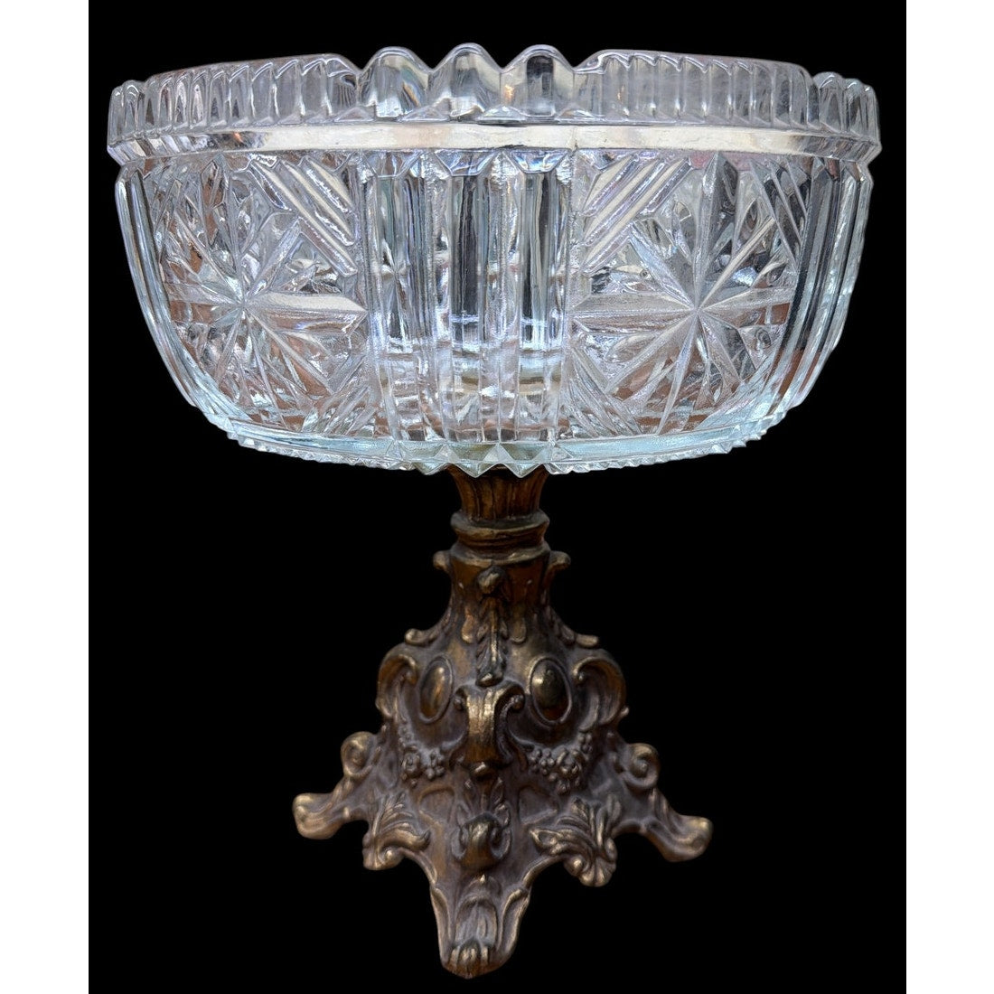Vintage Cornell Pressed Glass Pedestal Compote Ornate Gold Metal 9 Inch – additional view 2