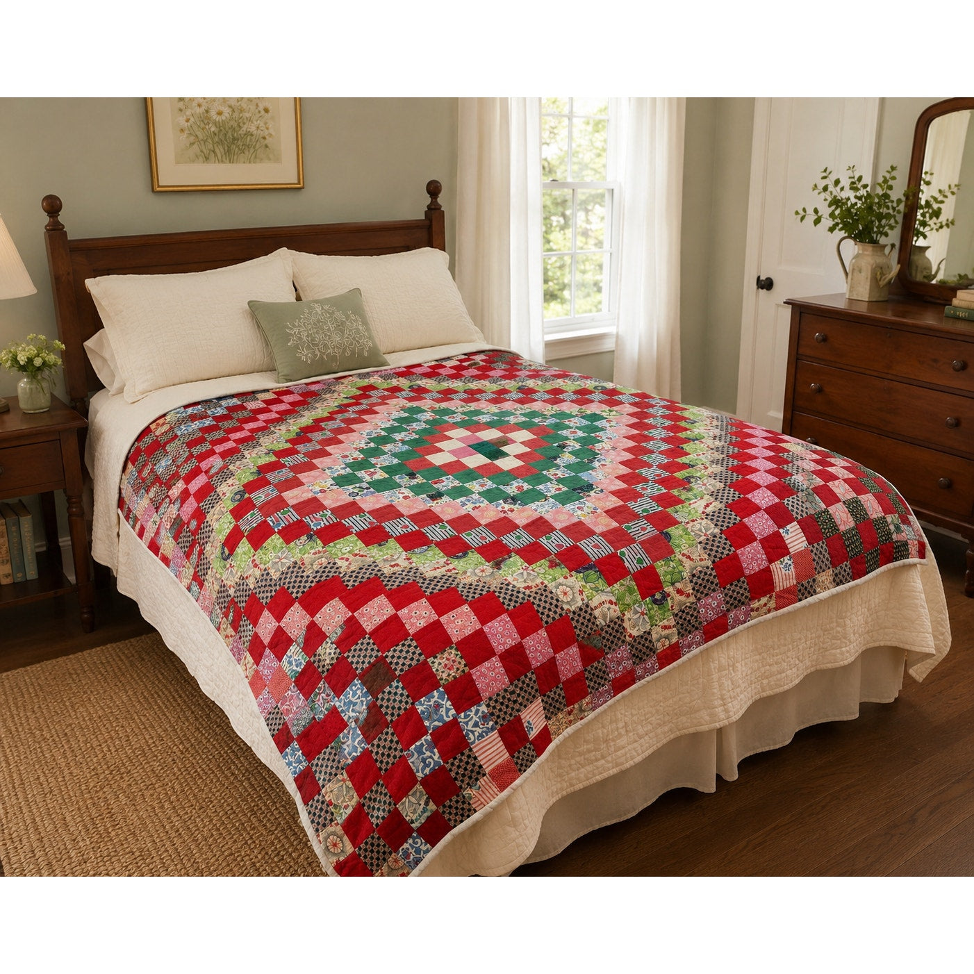 Vintage Hand Pieced Hand Quilted Trip Around the World Quilt 70x72