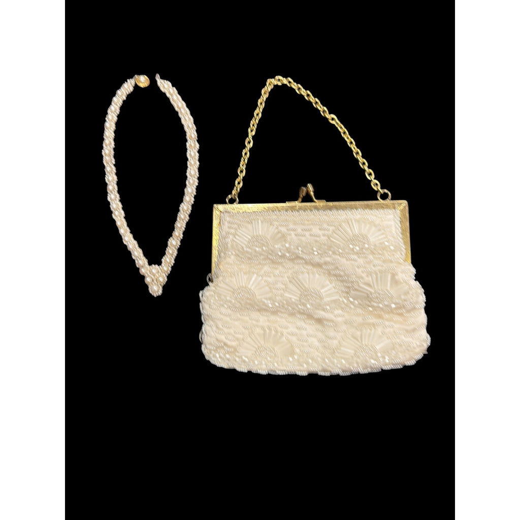 Vintage Beaded Evening Purse & Faux Pearl Necklace Set, Ivory Bridal Handbag