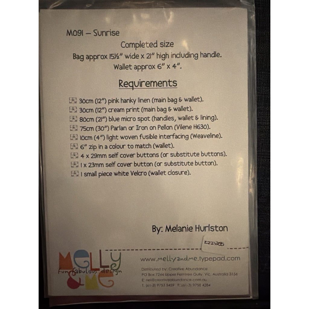 Melly & Me Sunrise Bag & Wallet Pattern M091 Handbag Sewing Pattern
