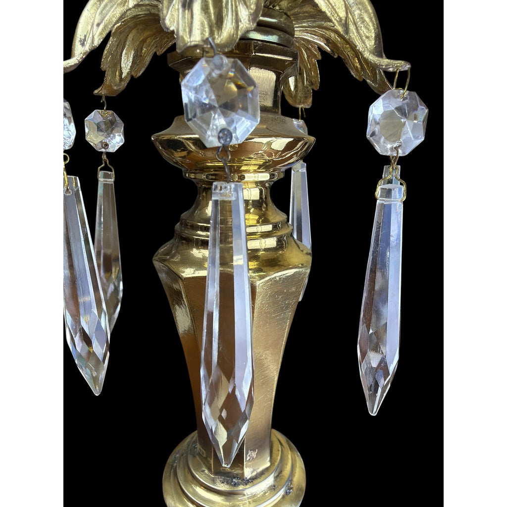 Vintage Hollywood Regency Brass & Crystal Prism Buffet Table Lamp