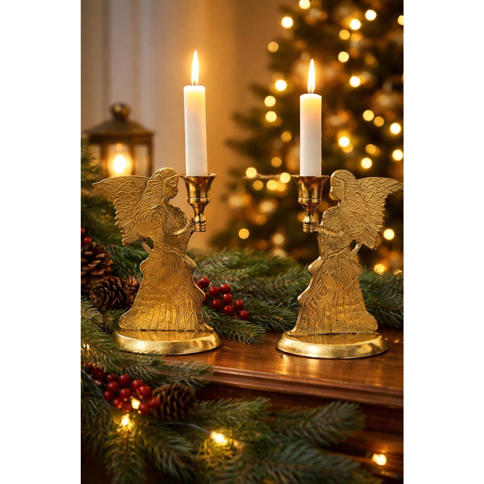 Vintage Brass Angel Candle Holders Set Gold Christmas Mantel Decor