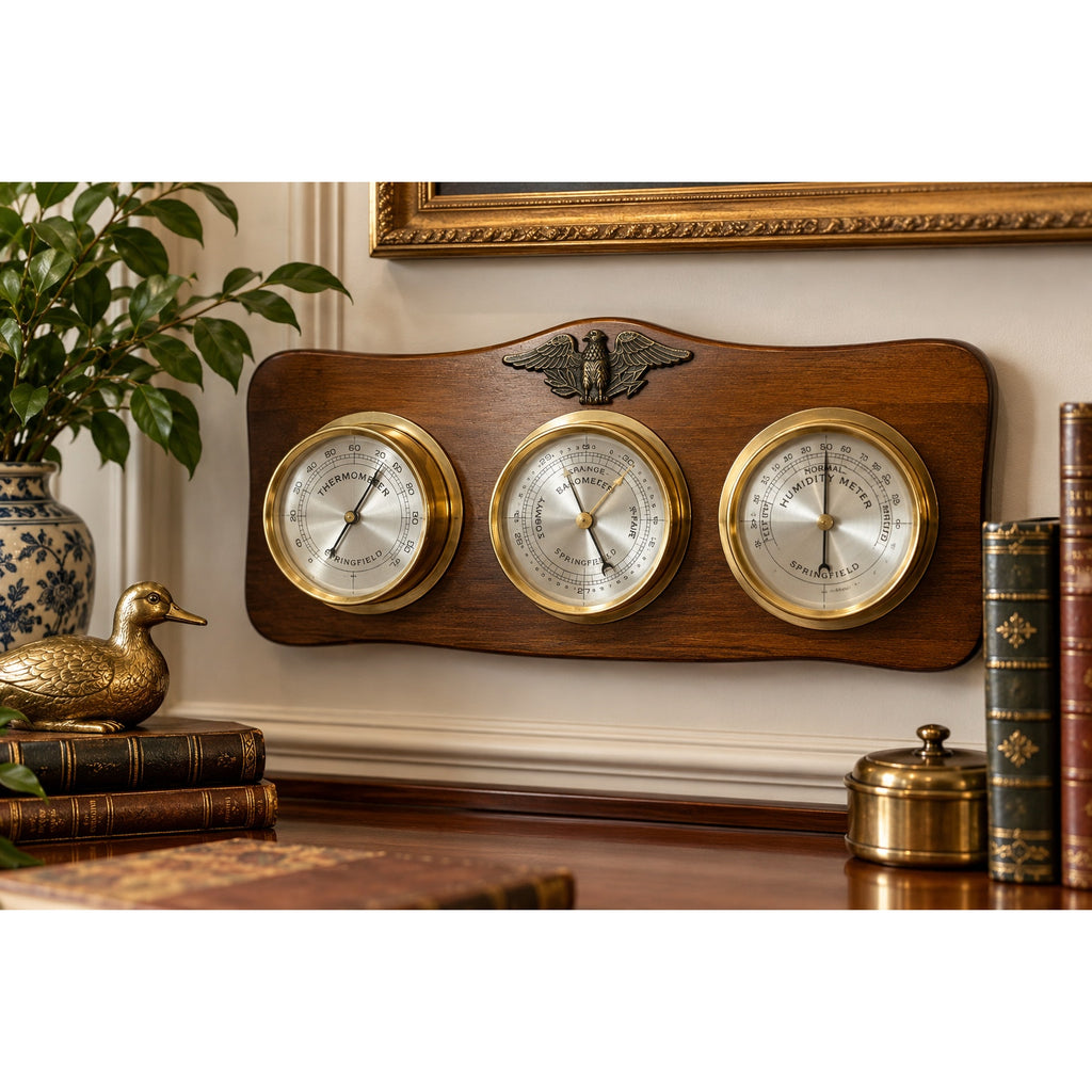 Vintage Springfield Weather Station Brass Tone Barometer Thermometer Eagle Wood