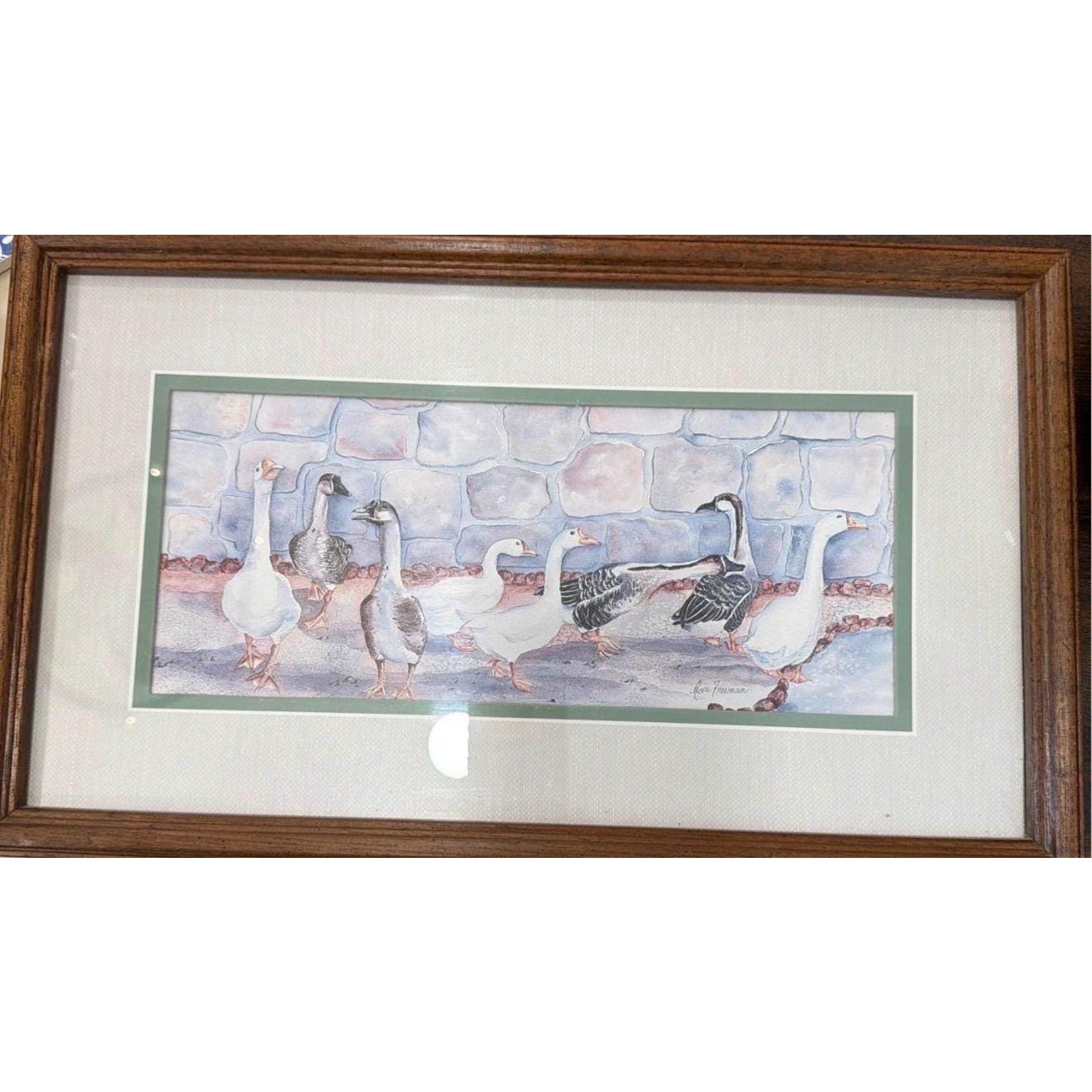 Vintage Framed Goose Print Farmhouse Wall Art Cottage Kitchen Decor 17x10
