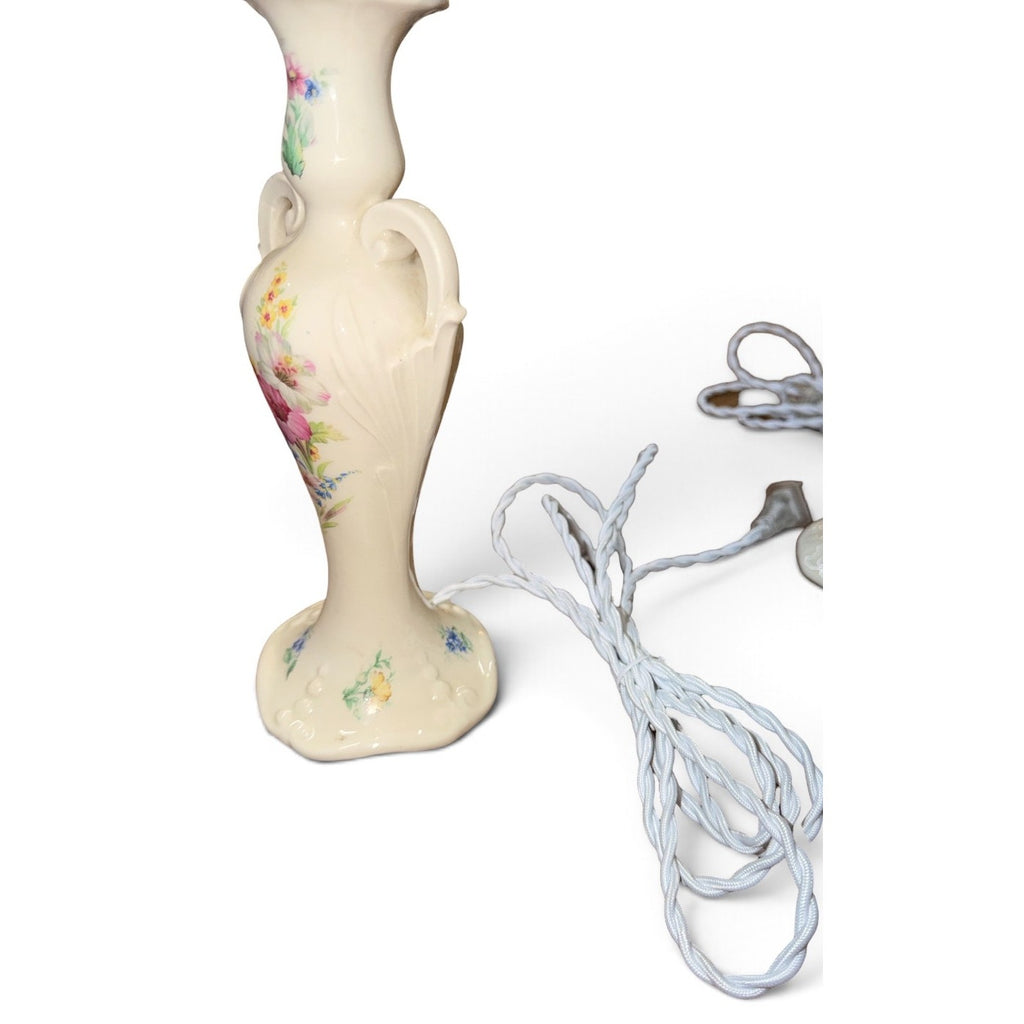 Vintage Floral Ceramic Boudoir Lamps Pair Rewired with New Silk Shades