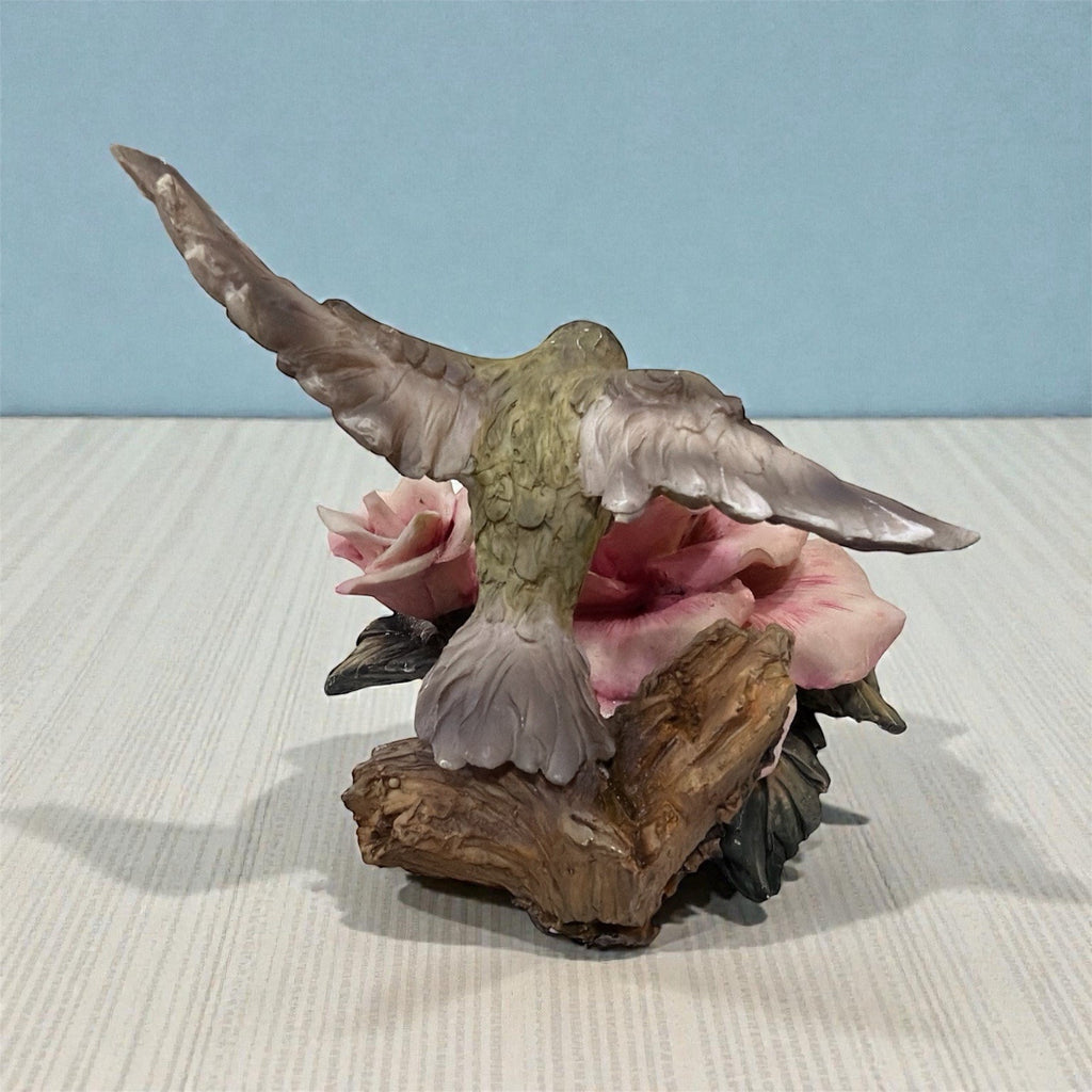 Hummingbird on Pink Rose Figurine Resin Floral Garden Decor Sculpture 8”