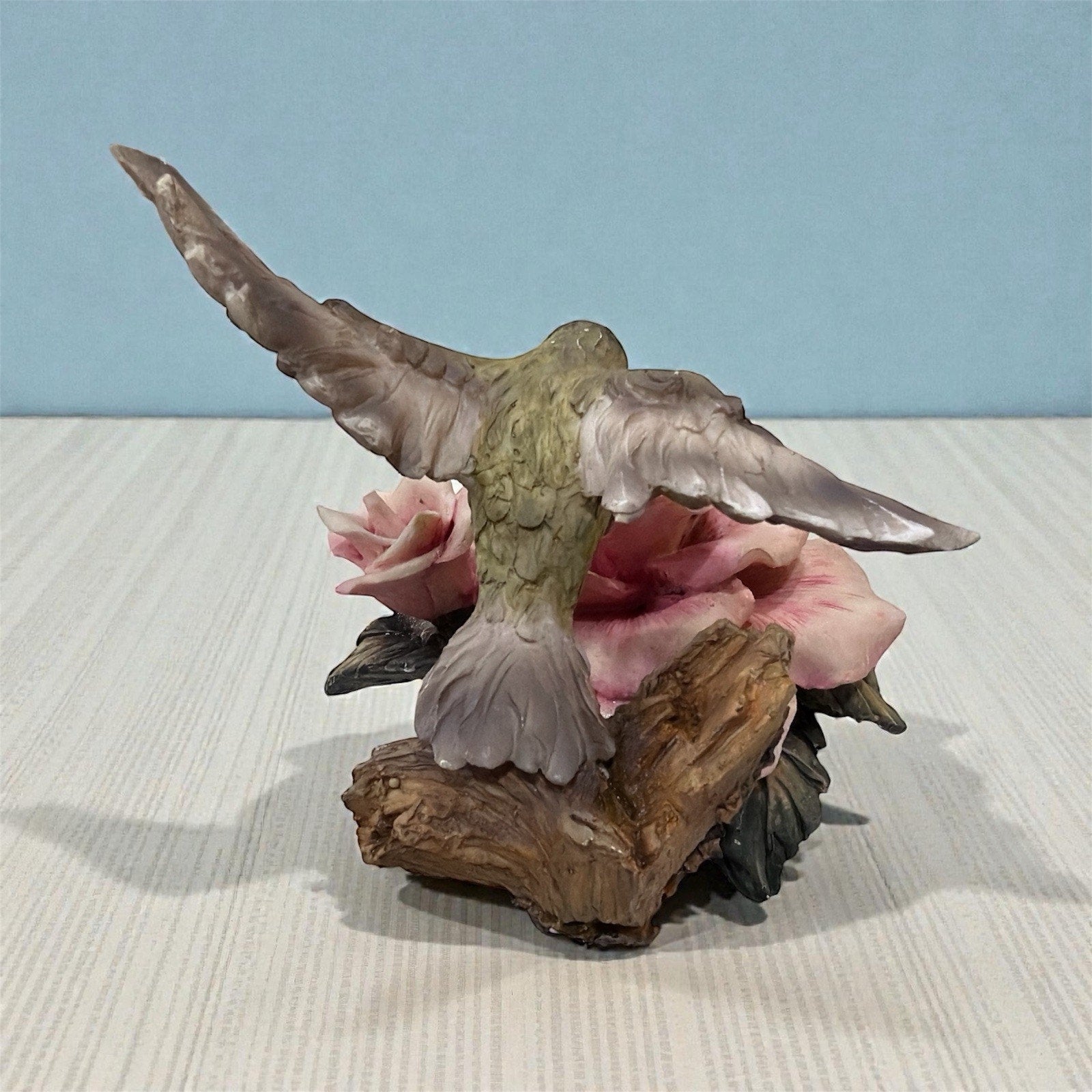 Hummingbird on Pink Rose Figurine Resin Floral Garden Decor Sculpture 8”