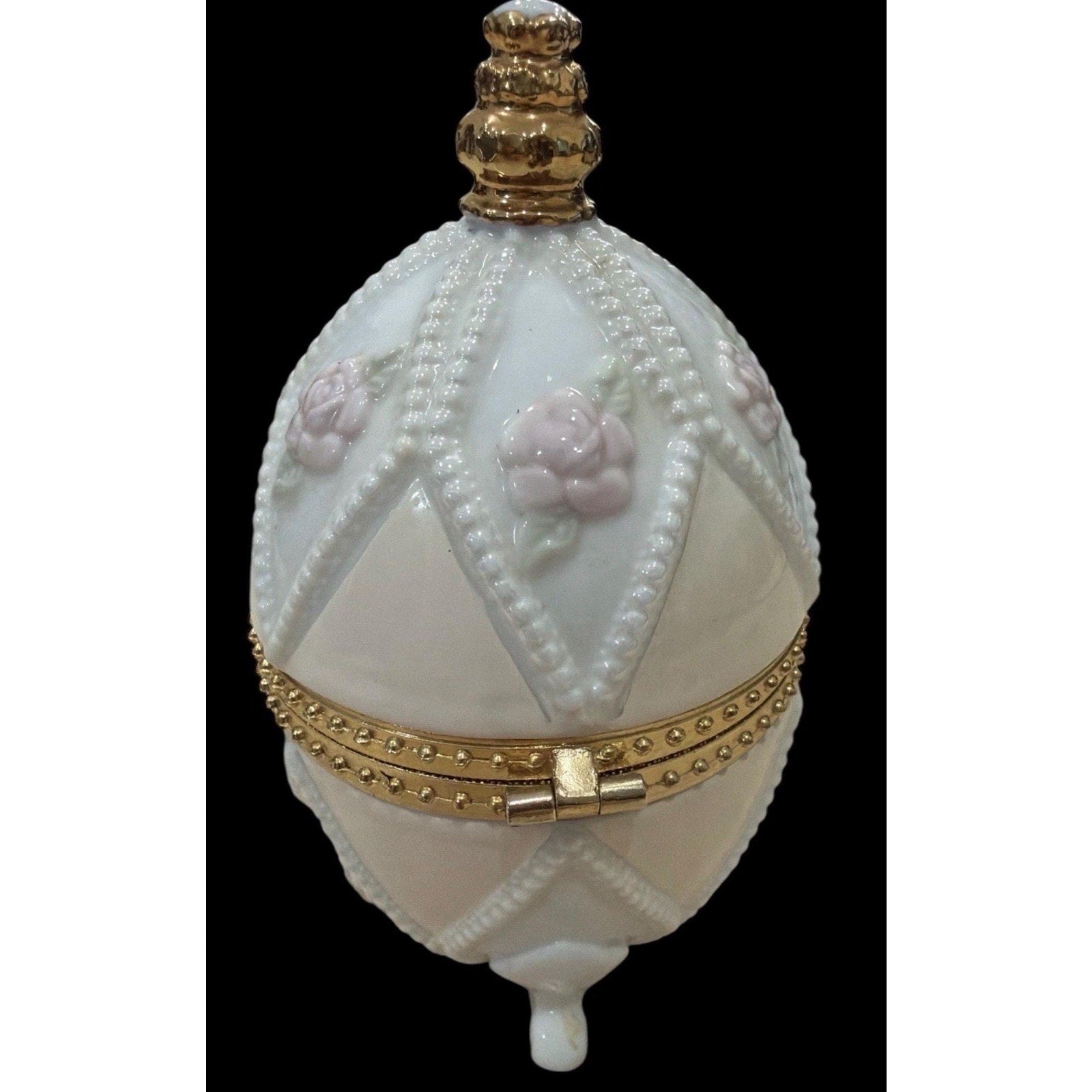 Vintage Porcelain Egg Trinket Box – Hinged Gilt Floral Keepsake – Romantic Vanity Decor