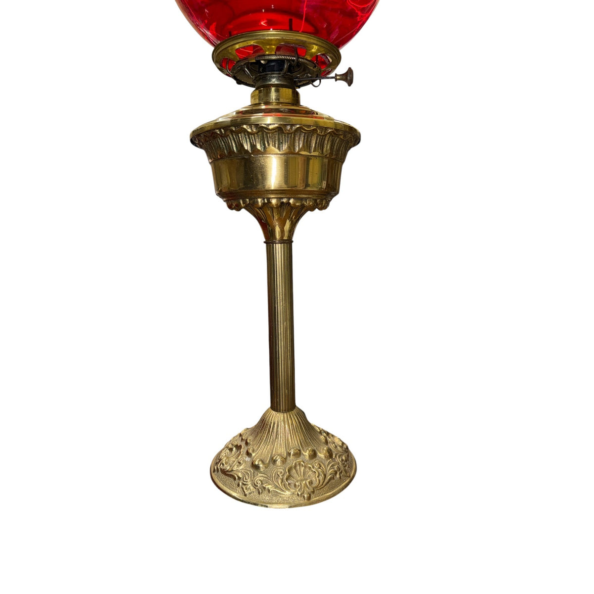 Antique Brass Electric Table Lamp with Ruby Red Glass Globe