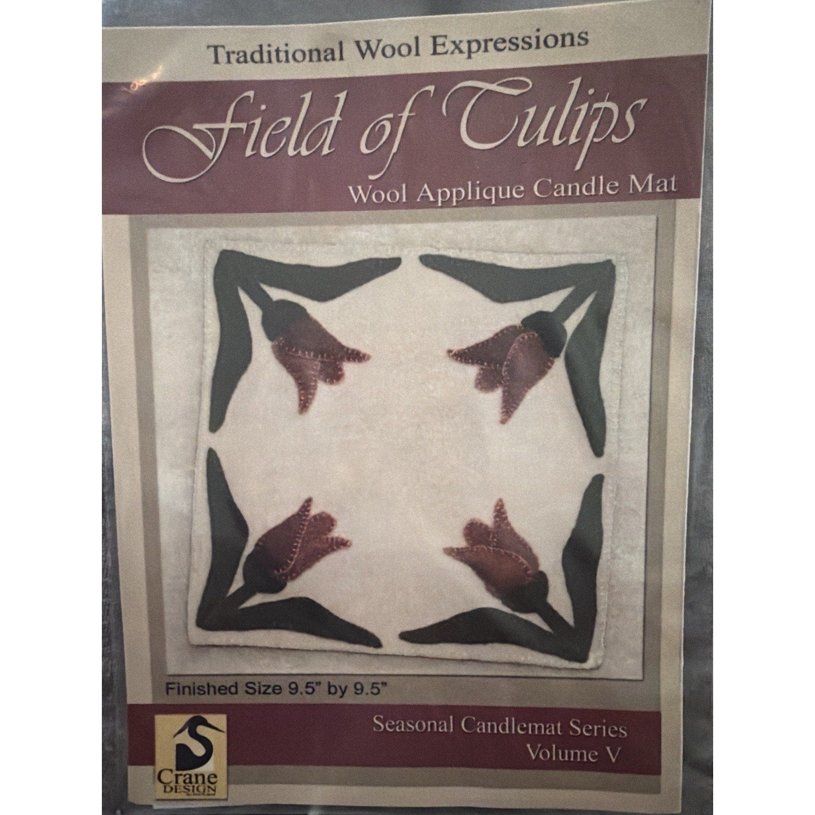 Crane Design Field of Tulips Wool Applique Candle Mat Pattern Vol V NOS