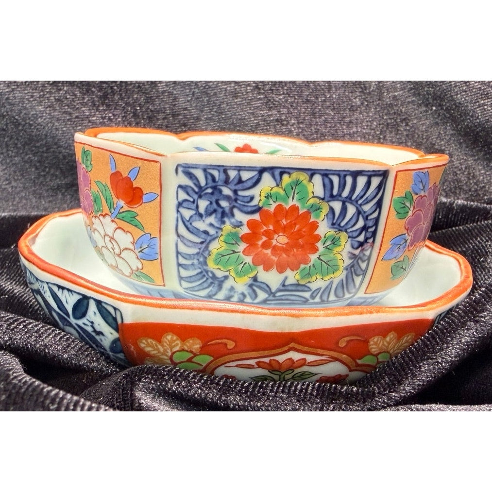 Vintage Japanese Imari Style Kobachi Bowls & Underplates Set of 3 Hand Painted