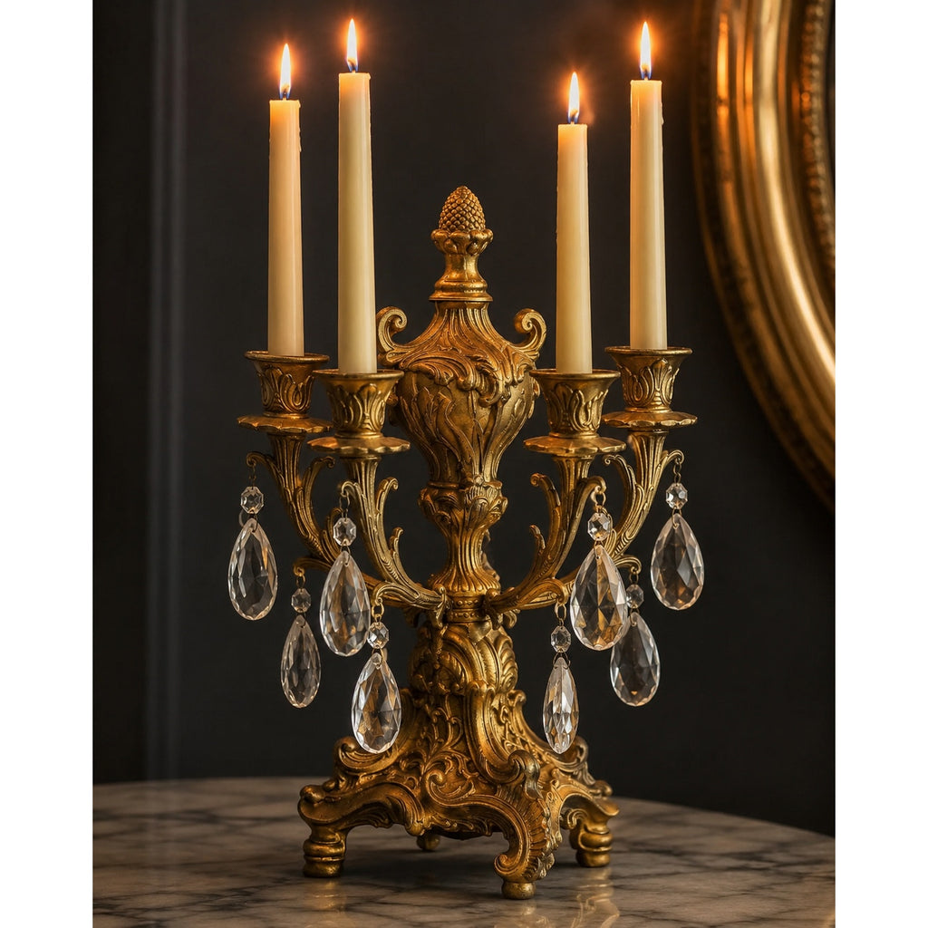 Vintage Gold Tone Crystal Prism 4 Light Candelabra Taper Candle Holder
