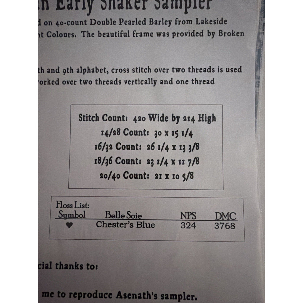 Carriage House Samplings Asenath Whitcomb 1819 Shaker Sampler Pattern