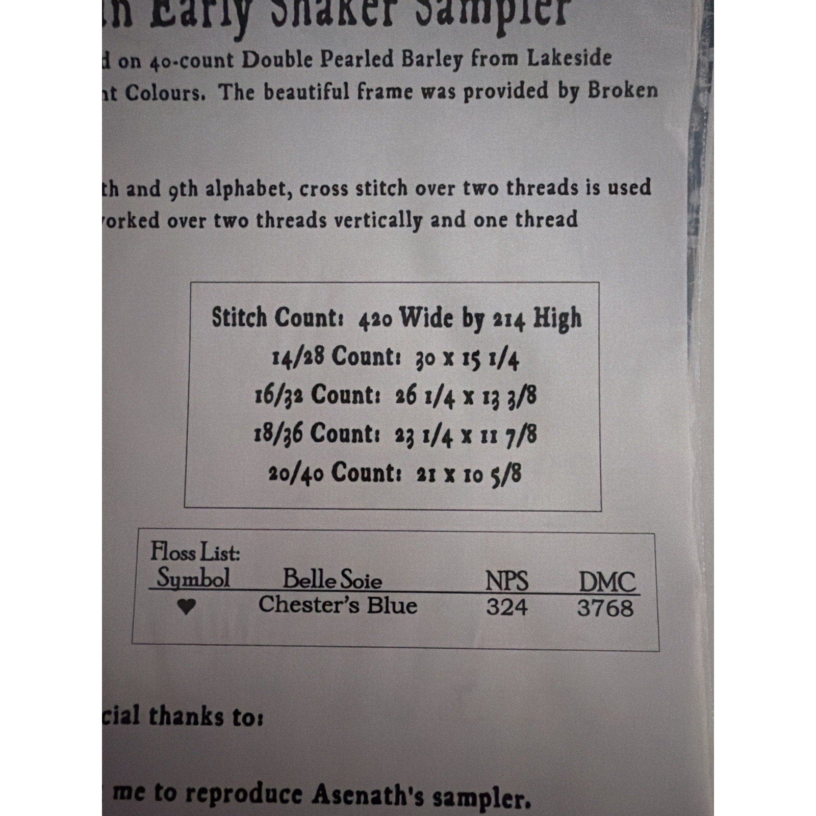 Carriage House Samplings Asenath Whitcomb 1819 Shaker Sampler Pattern