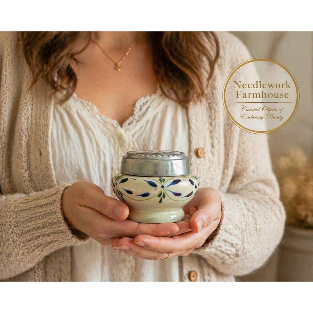 Hand Painted Mexican Ceramic Jar, Pewter Lid, Folk Art Lidded Pot – additional view 2