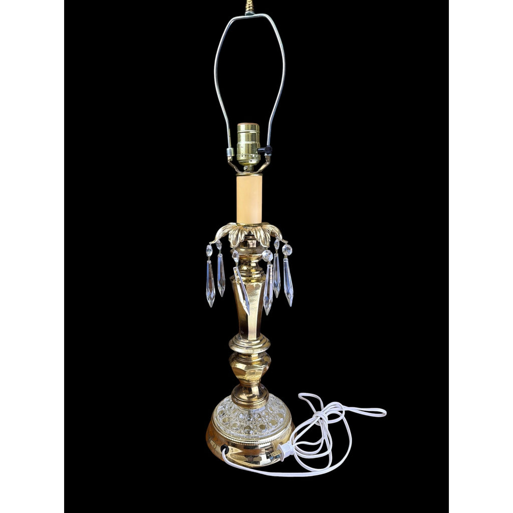 Vintage Hollywood Regency Brass & Crystal Prism Buffet Table Lamp