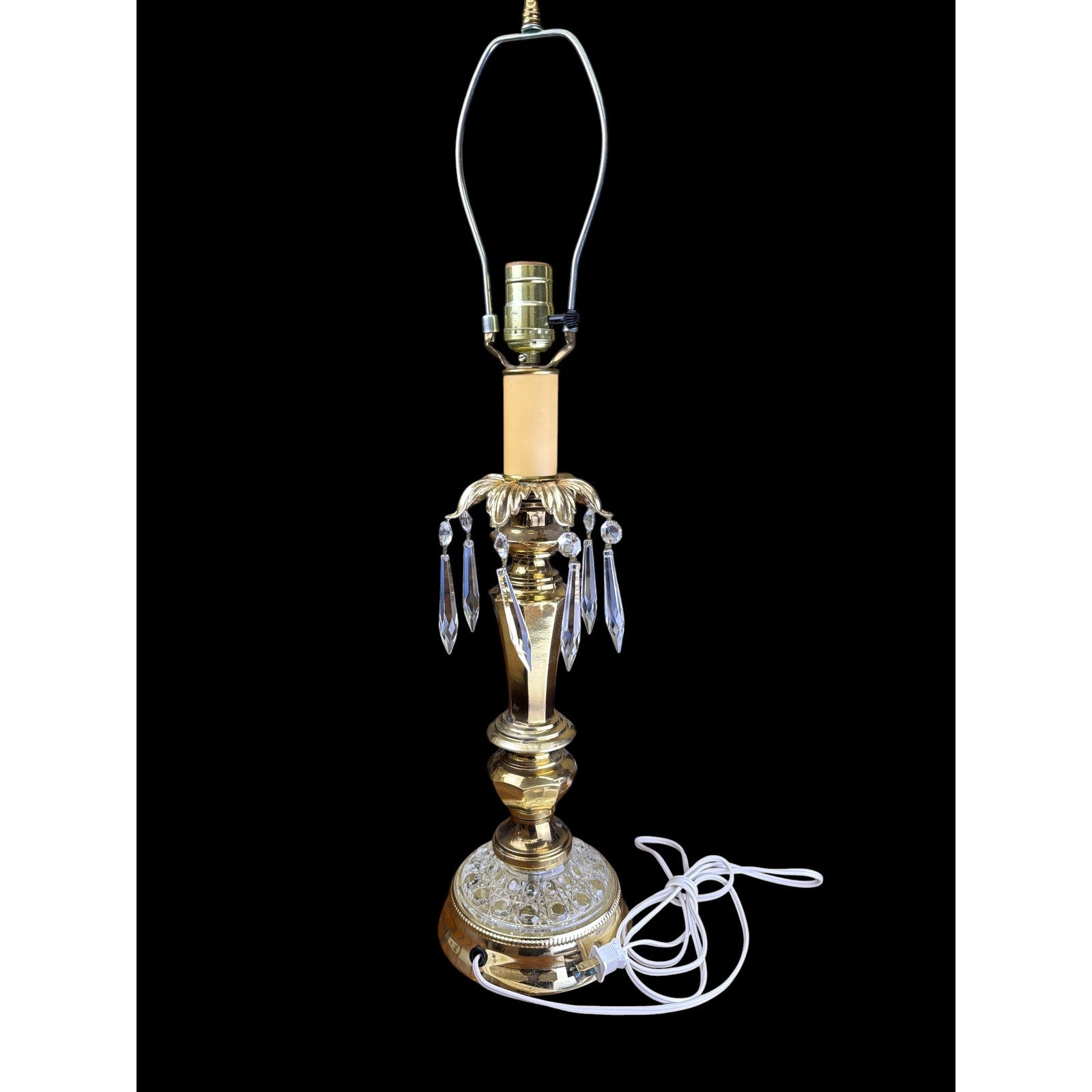 Vintage Hollywood Regency Brass & Crystal Prism Buffet Table Lamp
